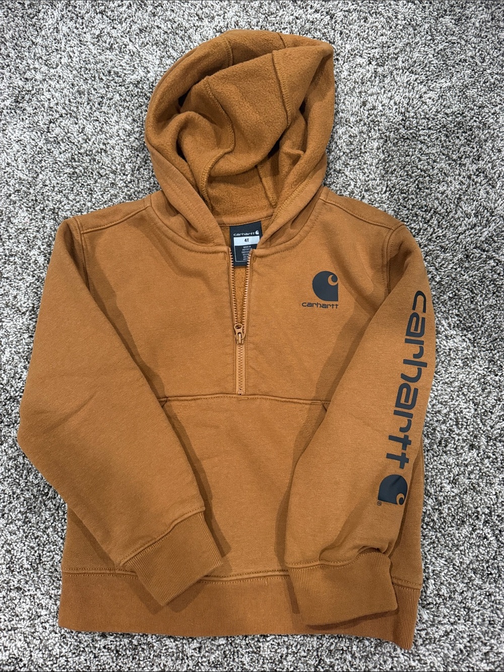 Carhartt Kids' Brown Hooded Half-Zip Sweatshirt with Logo Sleeve